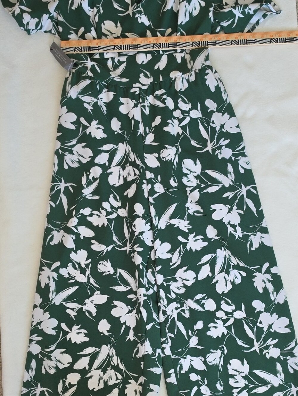 Lane Bryant Green and White Floral V-Neck Wide-Leg Jumpsuit